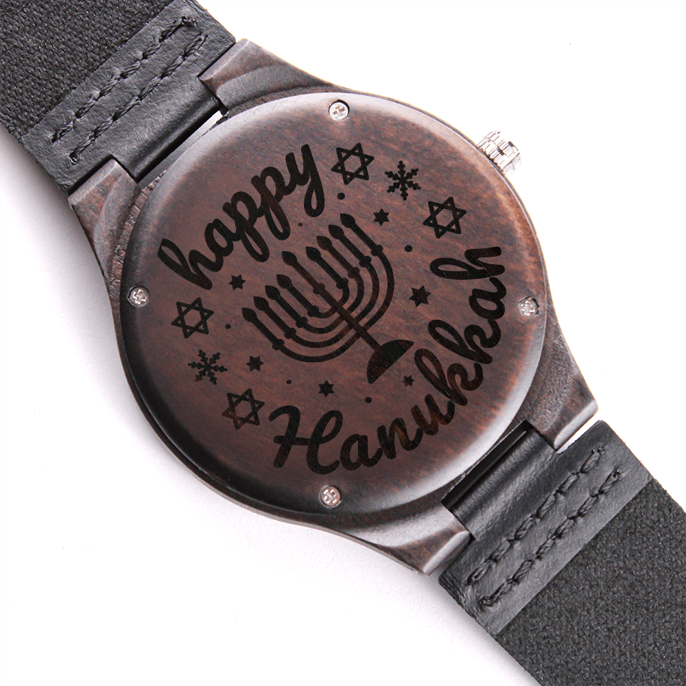 Happy Hanukkah Engraved Wooden Watch