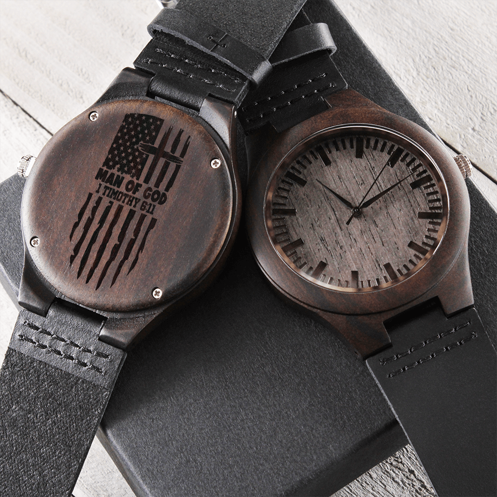 American Flag Man of God Faith Based Engraved Wooden Watch