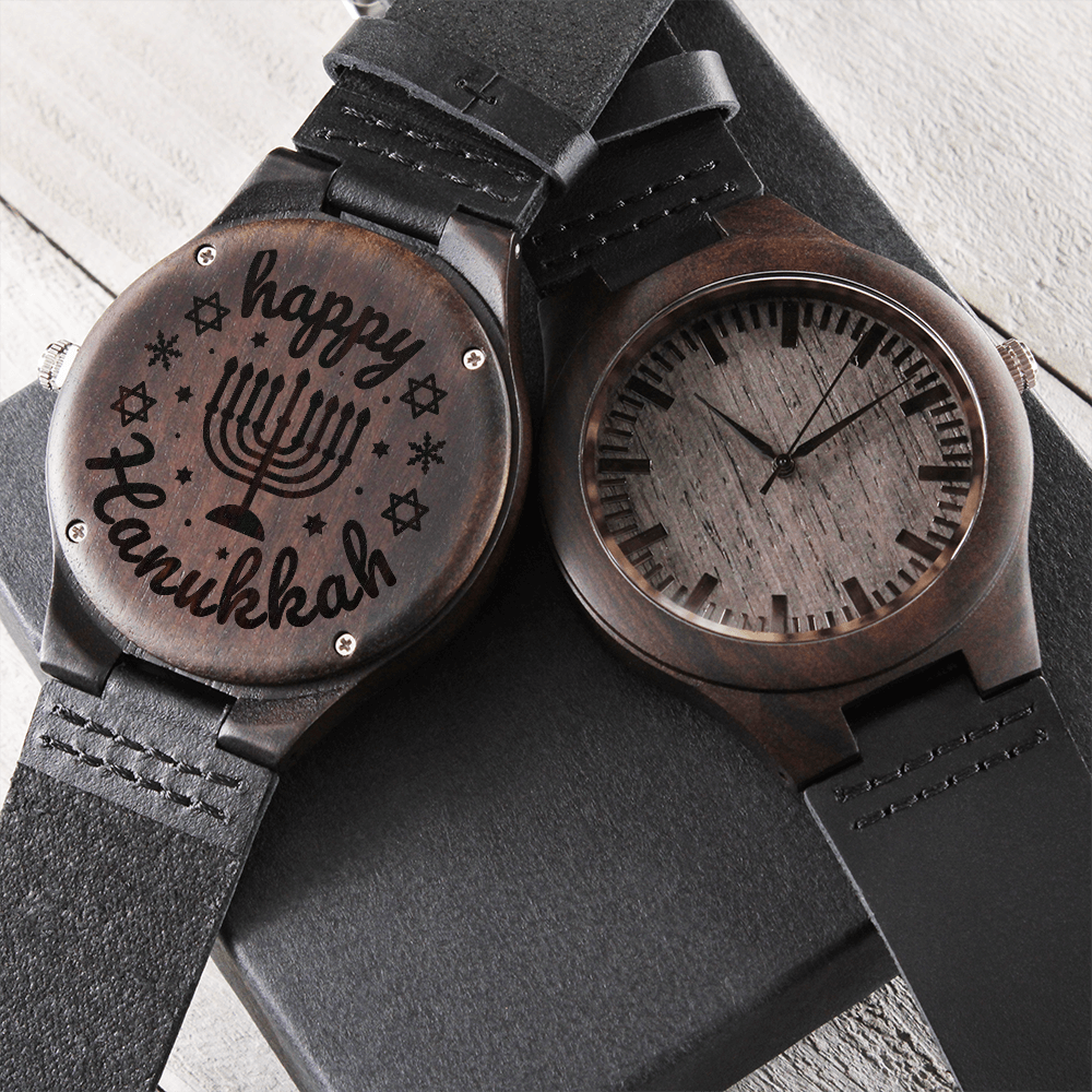 Happy Hanukkah Engraved Wooden Watch