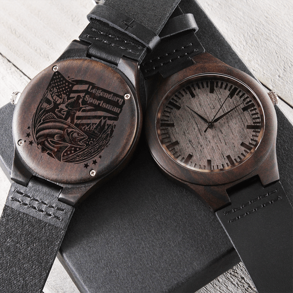 Legendary Sportsman Hunter Fisherman Engraved Wooden Watch