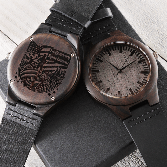 Legendary Sportsman Hunter Fisherman Engraved Wooden Watch