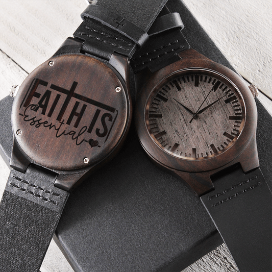 Faith is Essential Engraved Wooden Watch with Leather Band