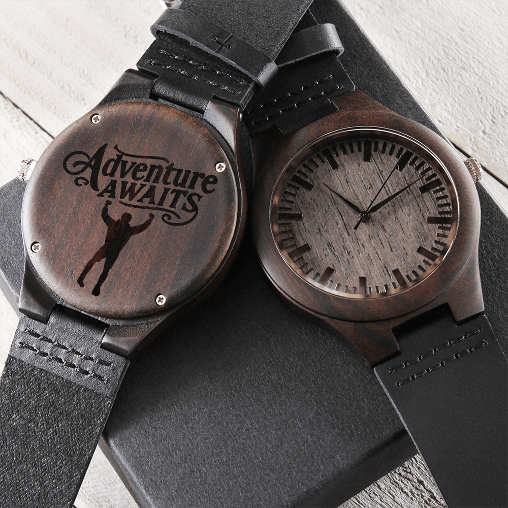 Adventure Awaits Triumphant Man Engraved Wooden Watch