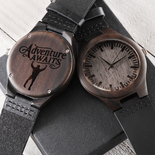 Adventure Awaits Triumphant Man Engraved Wooden Watch