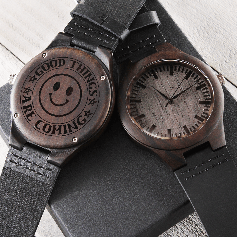 Good Things Are Coming Happy Face Engraved Wooden Watch