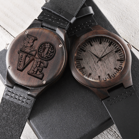 LOVE Engraved Wooden Luxury Watch with Genuine Leather Strap