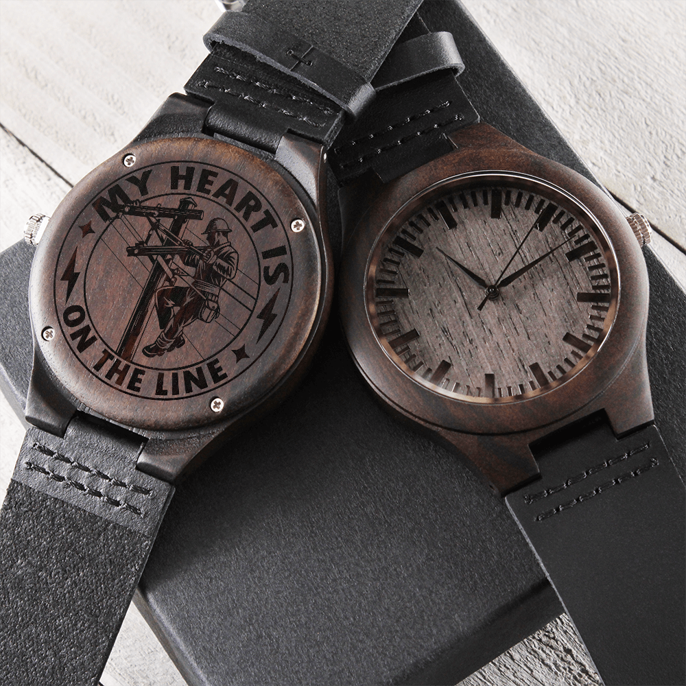 My Heart is on the Line Lineman Electrician Engraved Wooden Watch