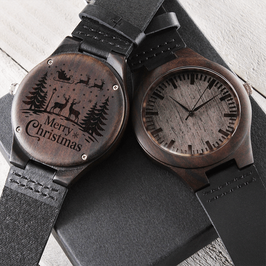 Merry Christmas Snowy Scene Engraved Wooden Watch