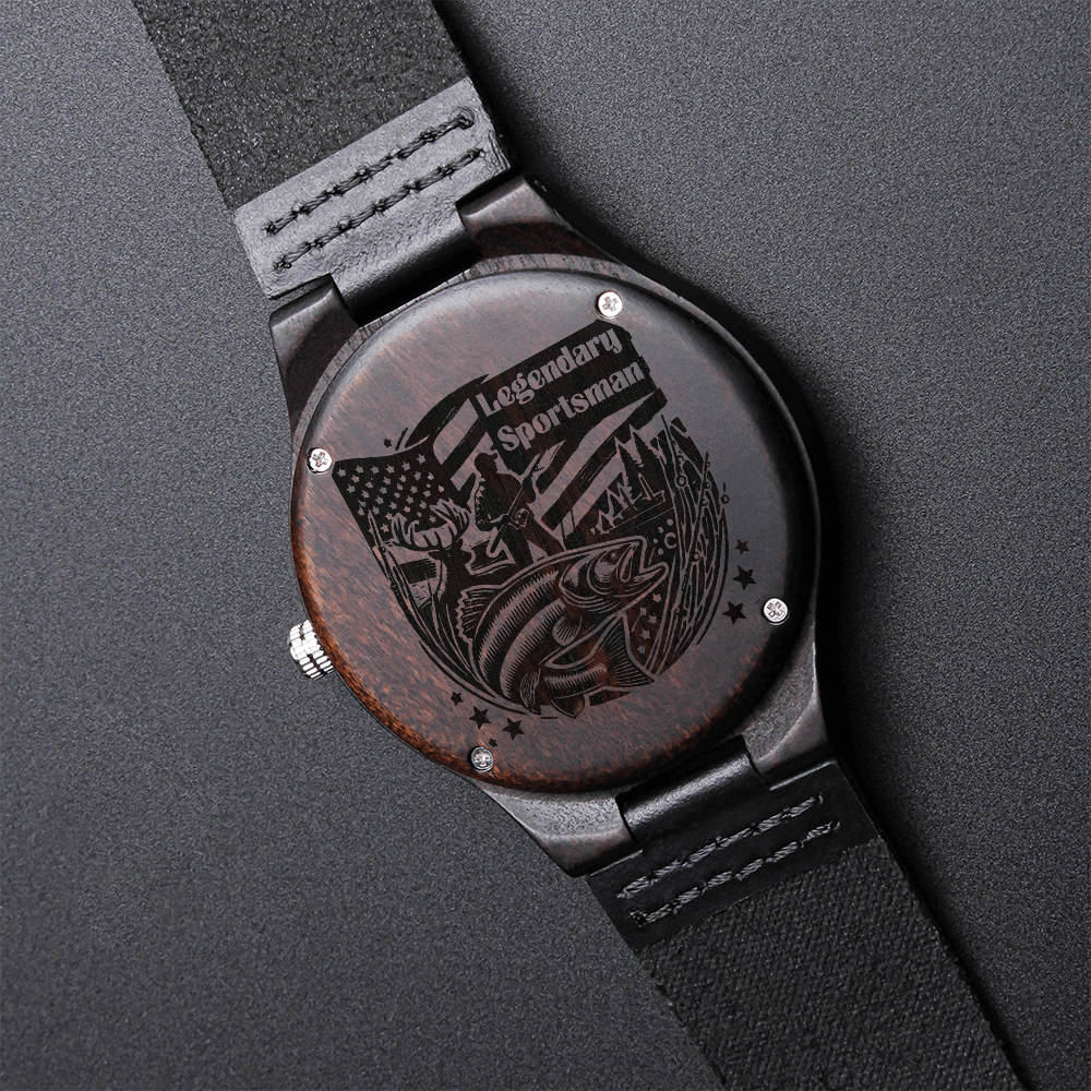 Legendary Sportsman Hunter Fisherman Engraved Wooden Watch