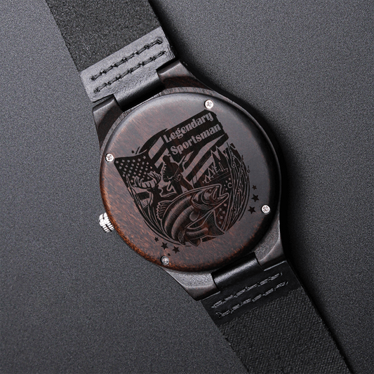 Legendary Sportsman Hunter Fisherman Engraved Wooden Watch