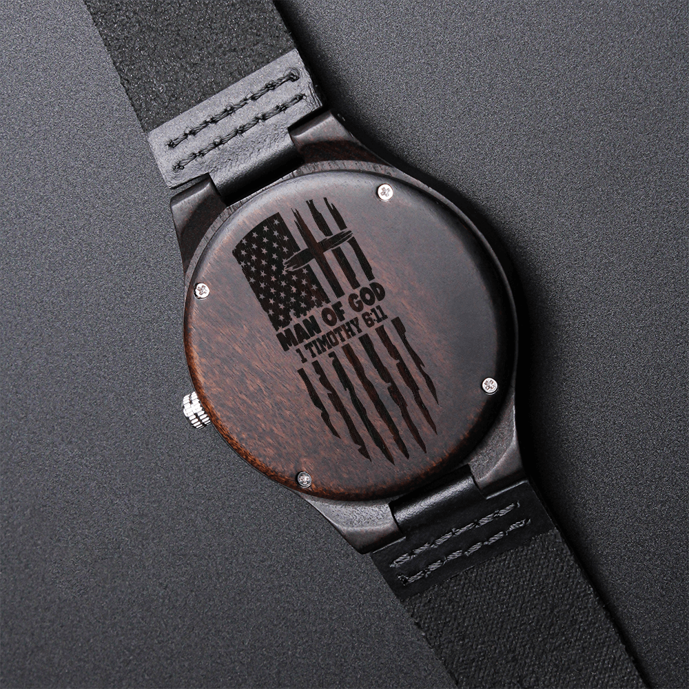 American Flag Man of God Faith Based Engraved Wooden Watch