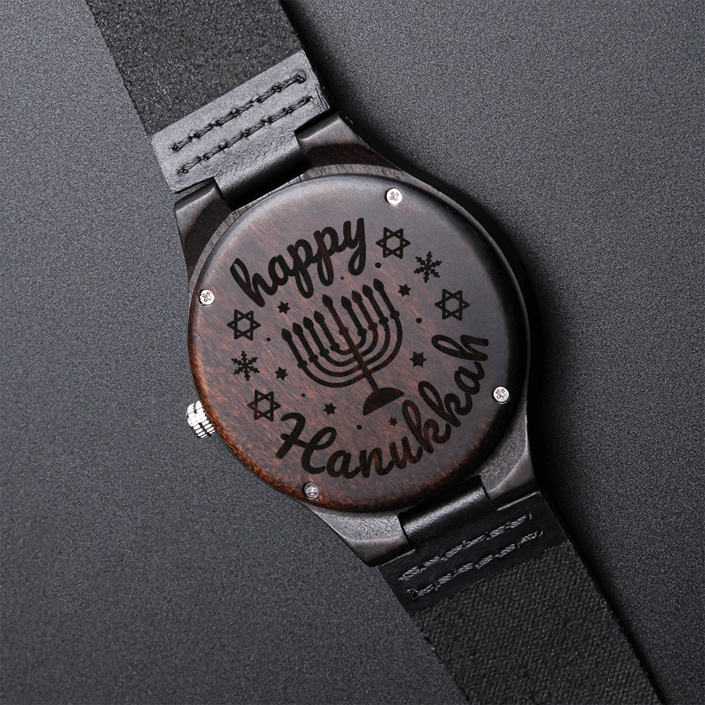 Happy Hanukkah Engraved Wooden Watch