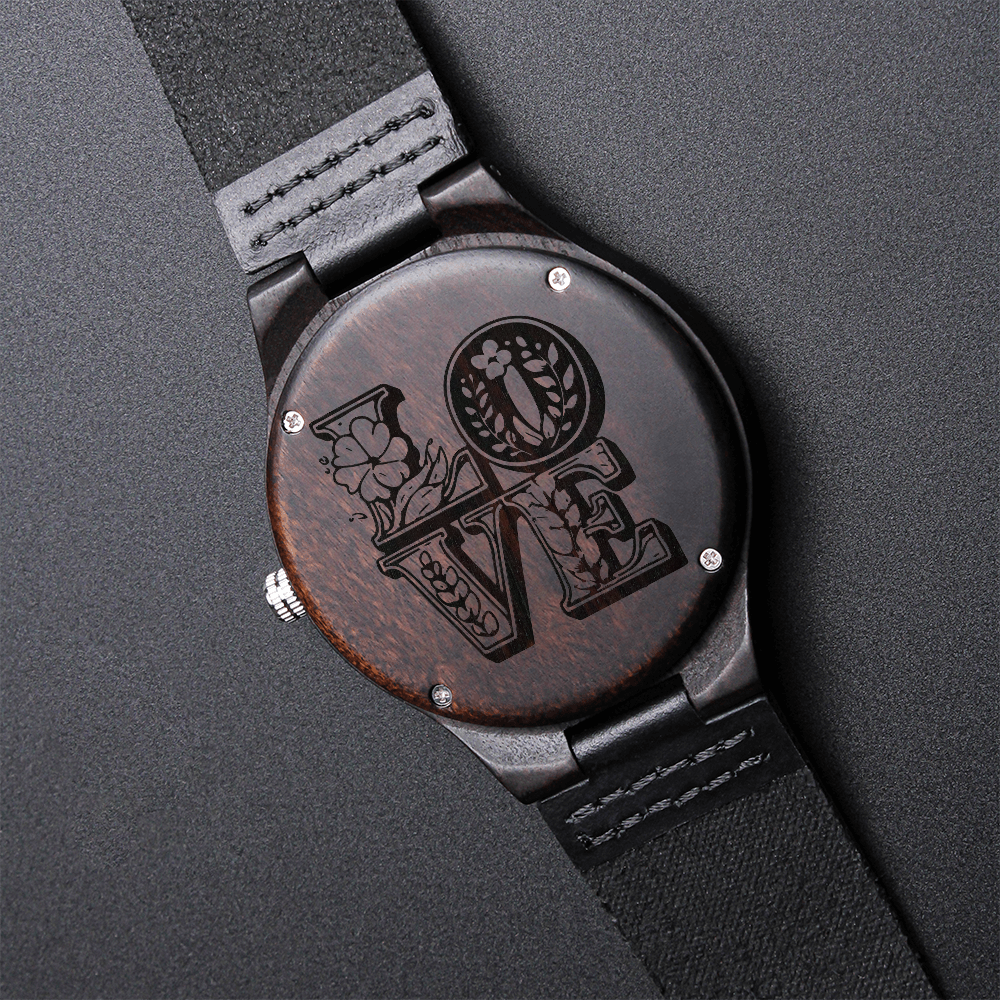 Reloj de lujo de madera con grabado floral LOVE y correa de piel auténtica