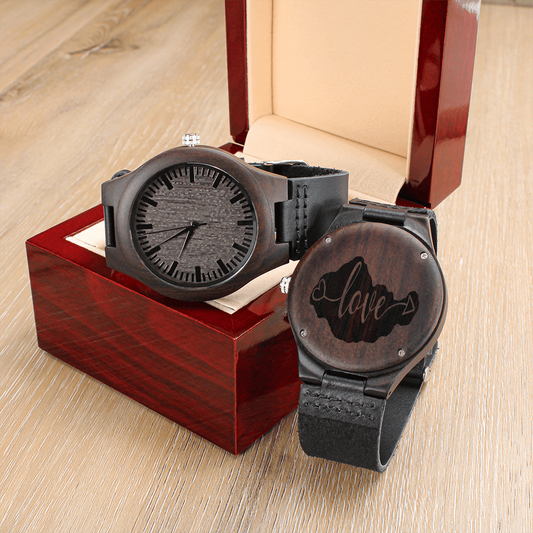 Men's Engraved Love Wooden Watch with Genuine Leather Strap