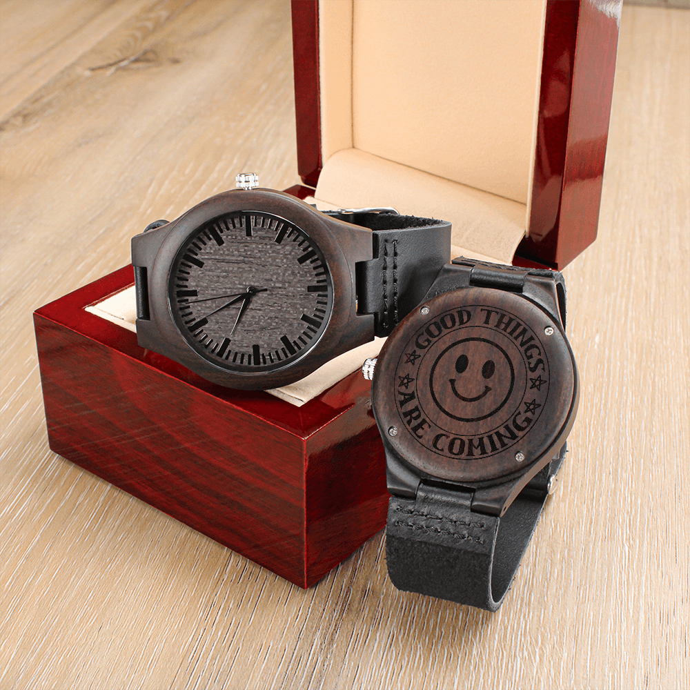 Good Things Are Coming Happy Face Engraved Wooden Watch