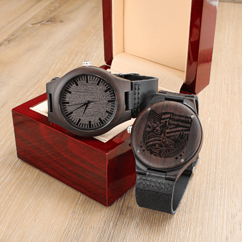 Legendary Sportsman Hunter Fisherman Engraved Wooden Watch