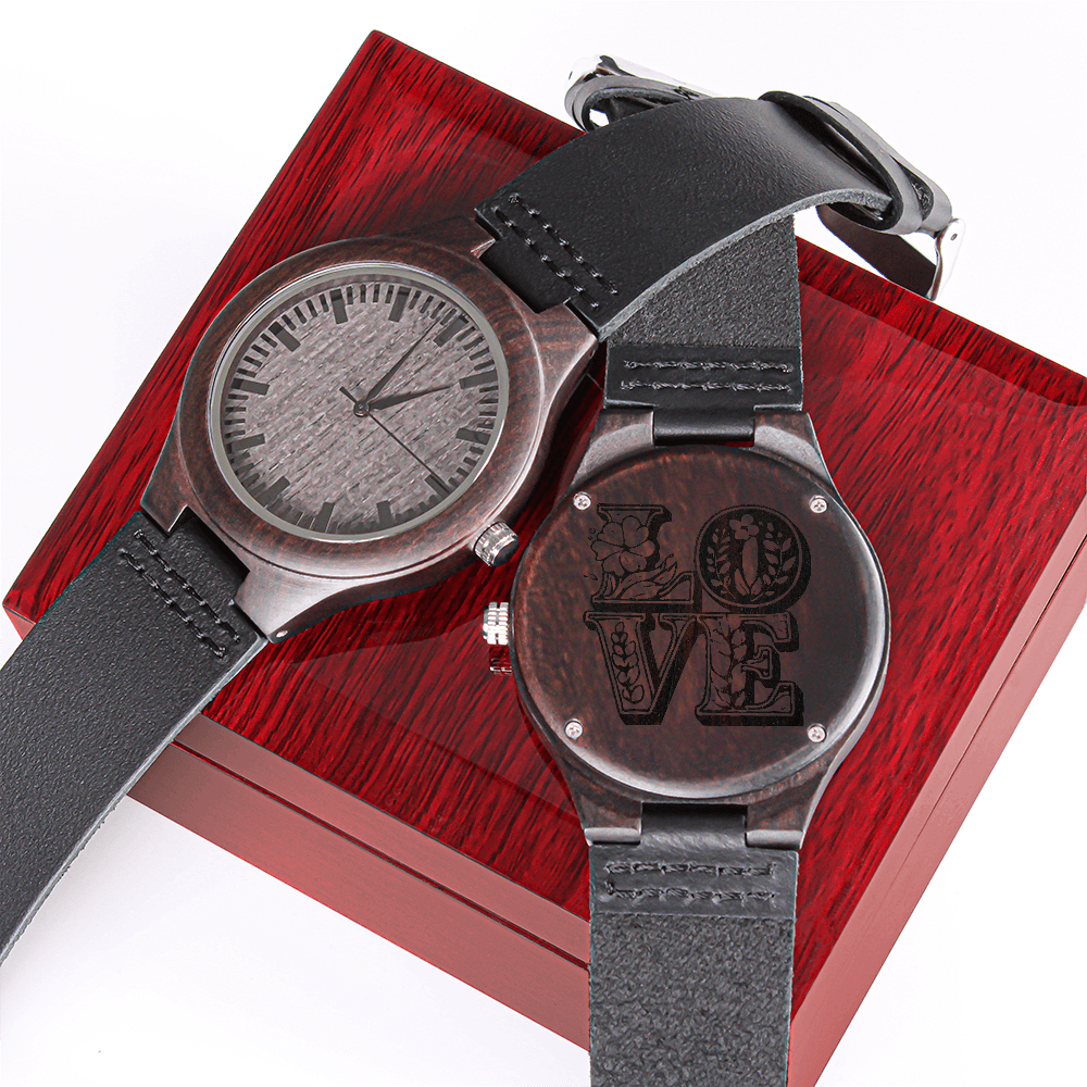 Reloj de lujo de madera con grabado floral LOVE y correa de piel auténtica