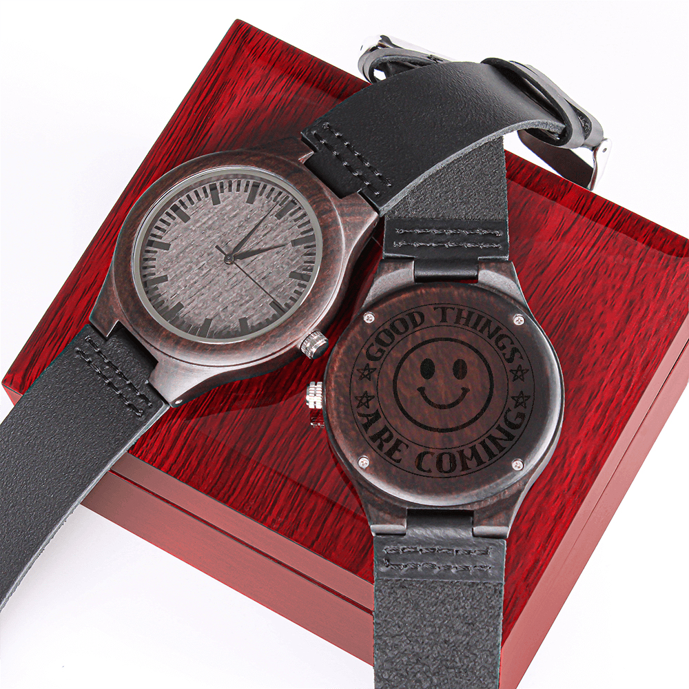 Good Things Are Coming Happy Face Engraved Wooden Watch
