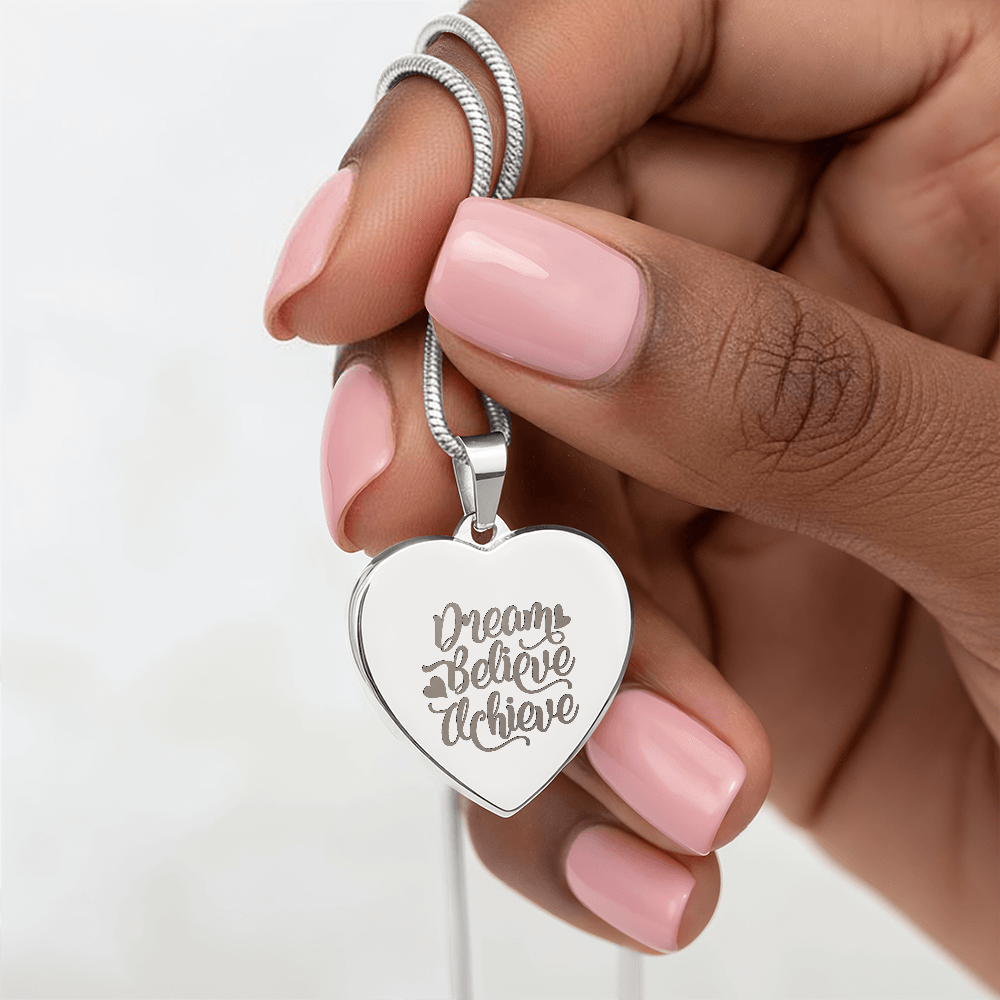 Dream Believe Achieve Motivational Engraved Heart Necklace