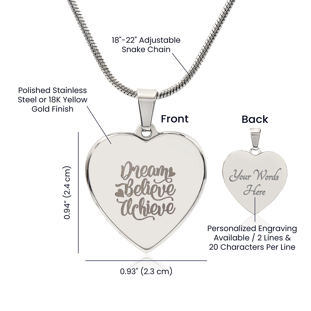 Dream Believe Achieve Motivational Engraved Heart Necklace