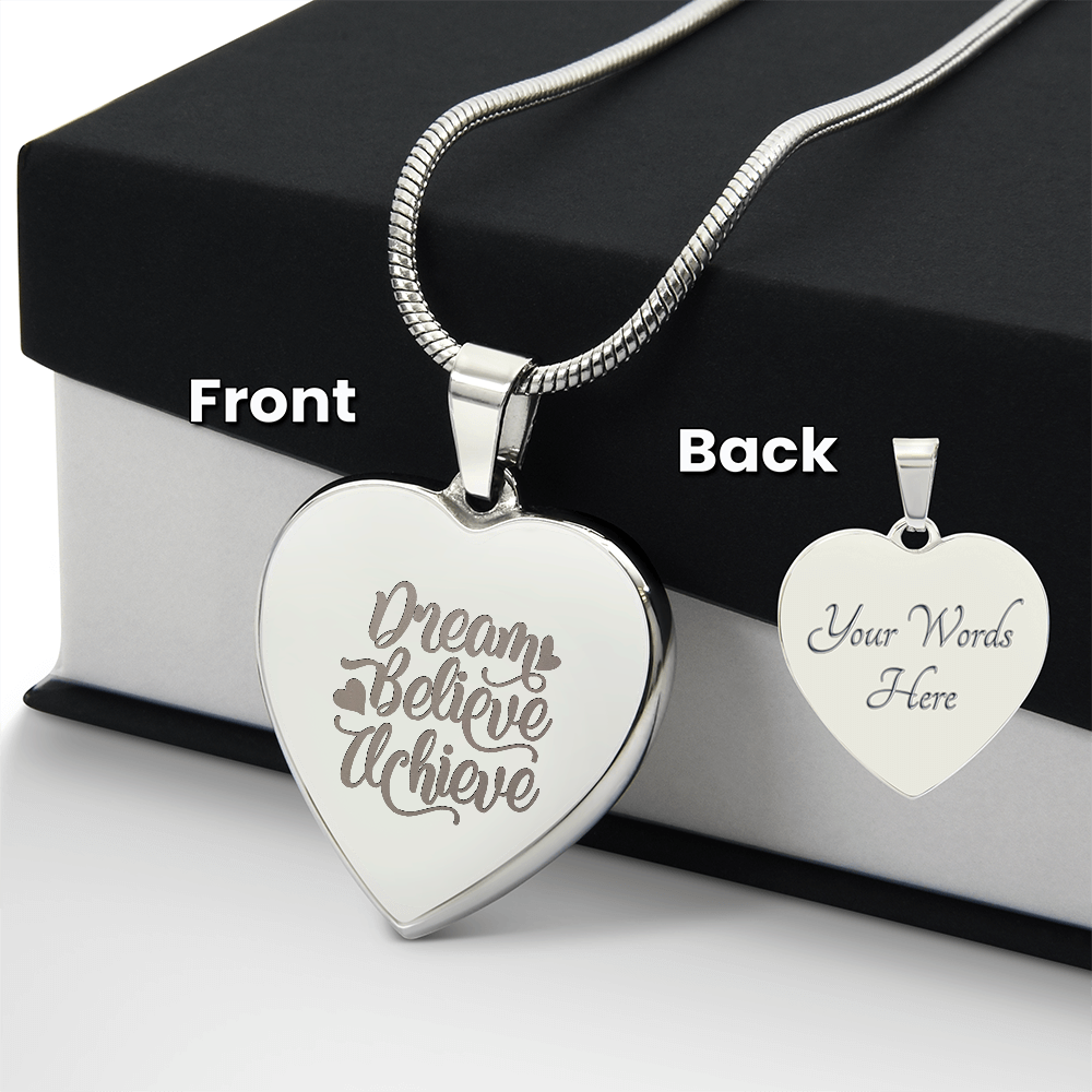 Dream Believe Achieve Motivational Engraved Heart Necklace