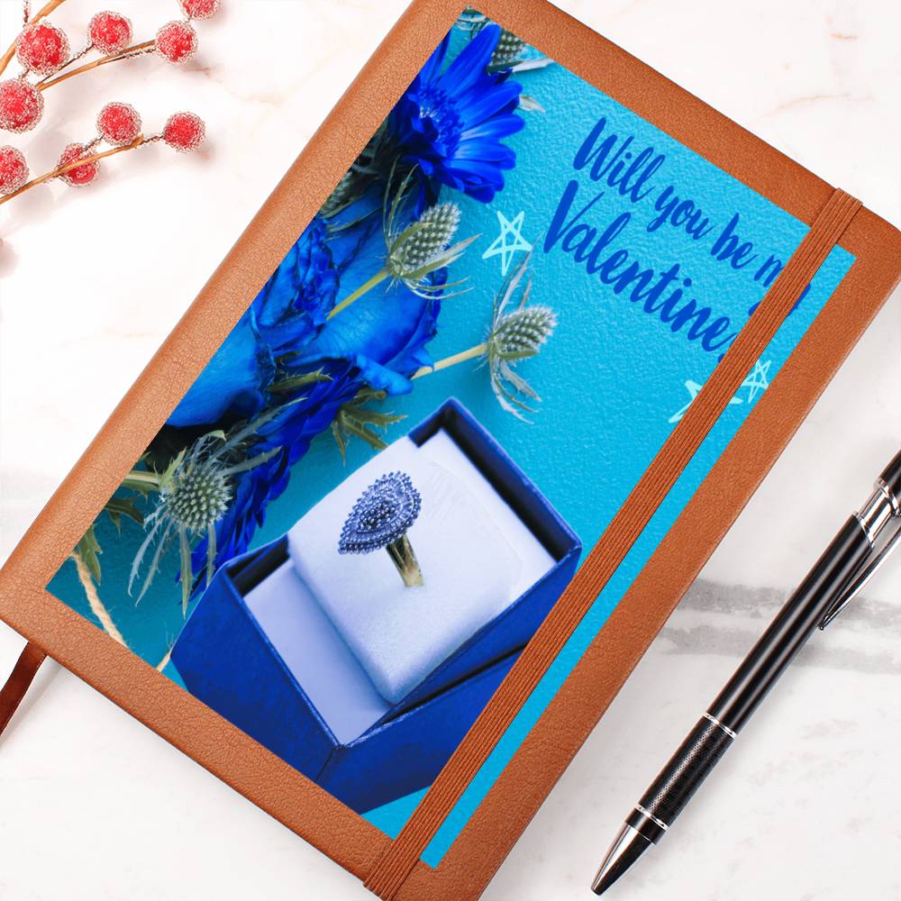 Will You Be My Valentine Blue Flowers Leather Journal