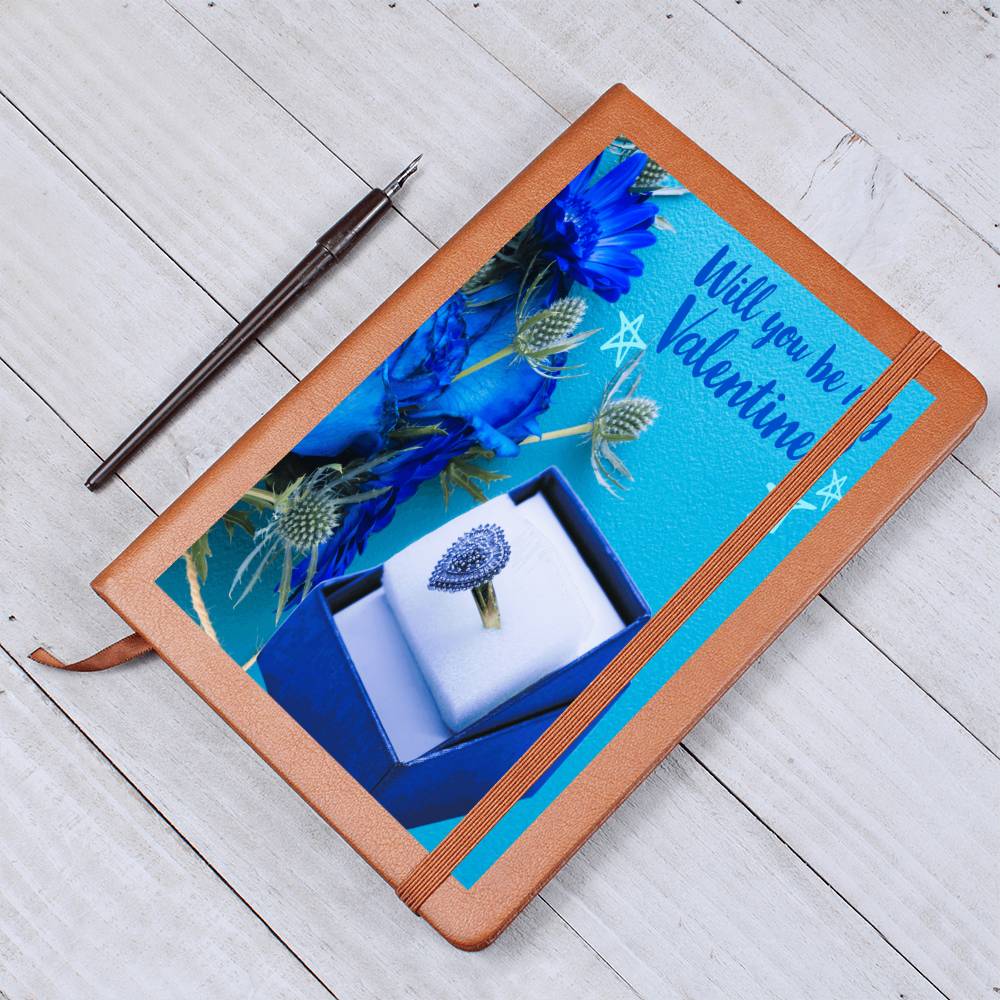 Will You Be My Valentine Blue Flowers Leather Journal