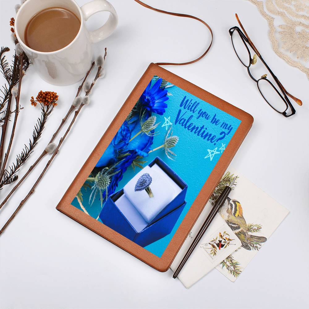 Will You Be My Valentine Blue Flowers Leather Journal