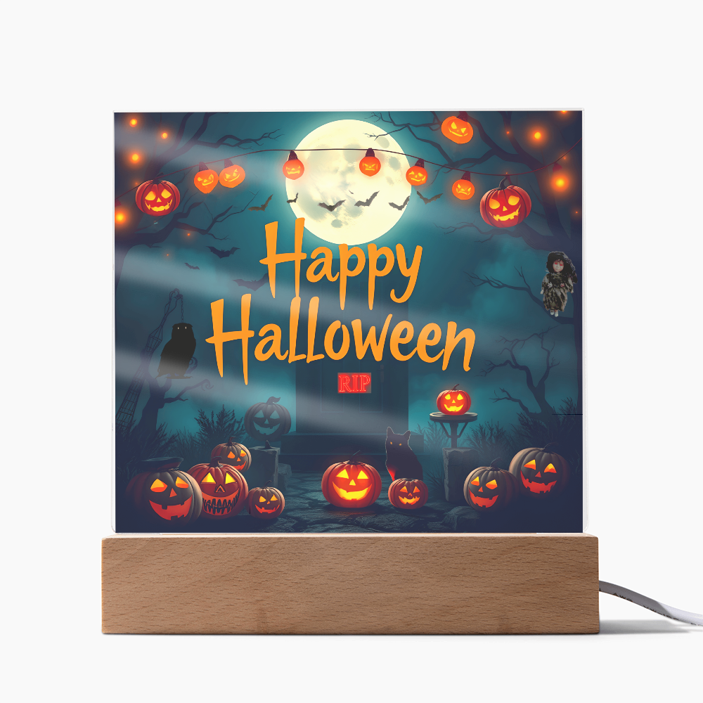 Happy Halloween Printed Square Acrylic Design with Wooden LED Base