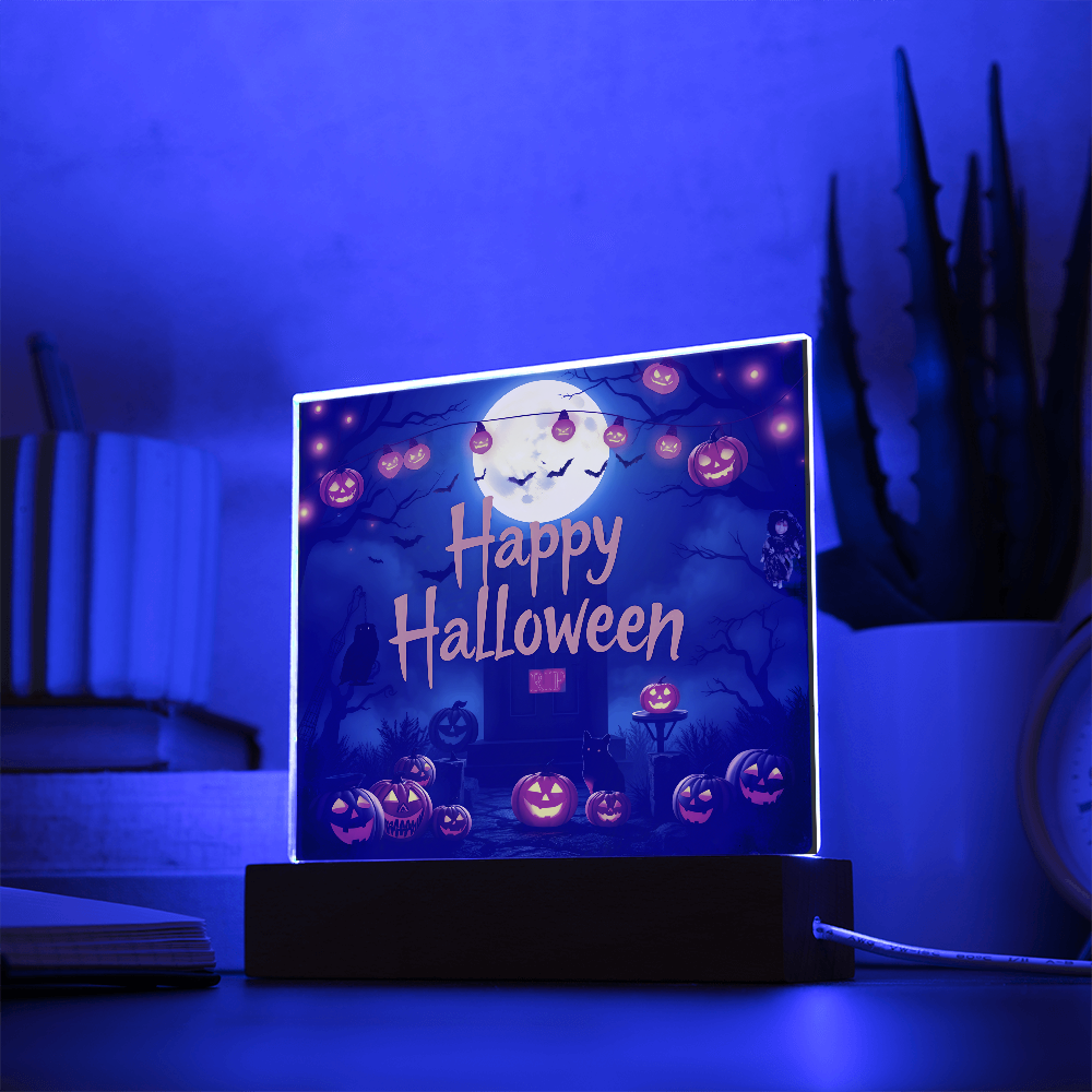 Happy Halloween Printed Square Acrylic Design with Wooden LED Base