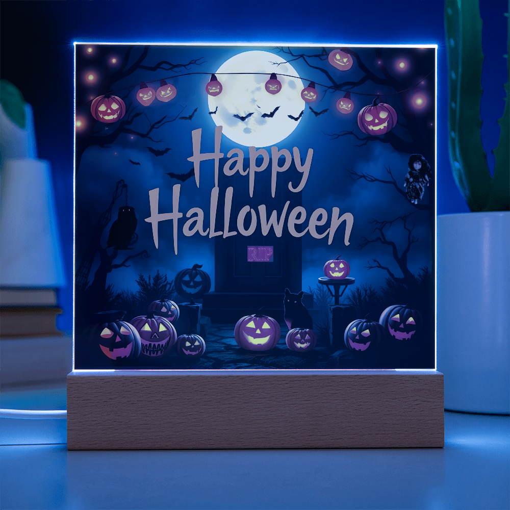 Happy Halloween Printed Square Acrylic Design with Wooden LED Base