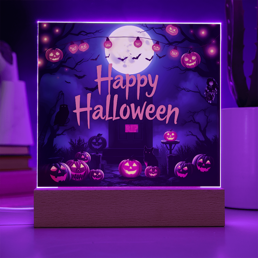 Happy Halloween Printed Square Acrylic Design with Wooden LED Base