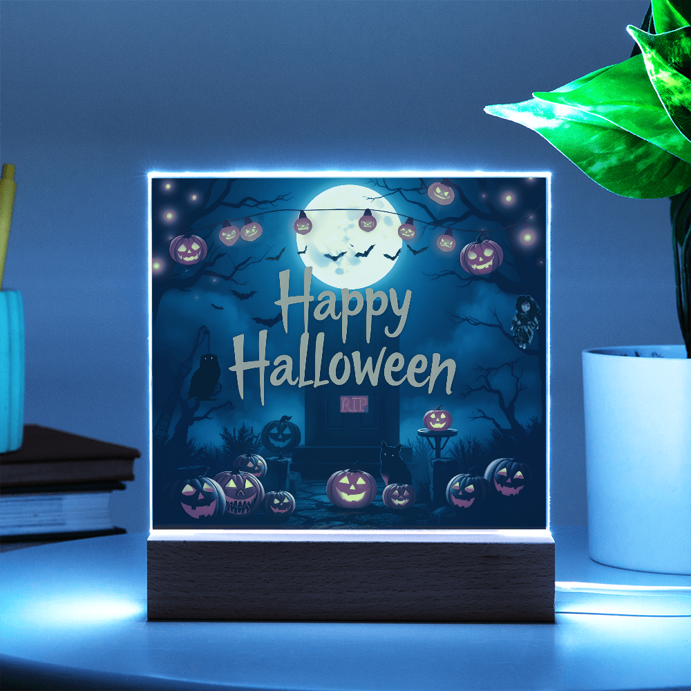 Happy Halloween Printed Square Acrylic Design with Wooden LED Base