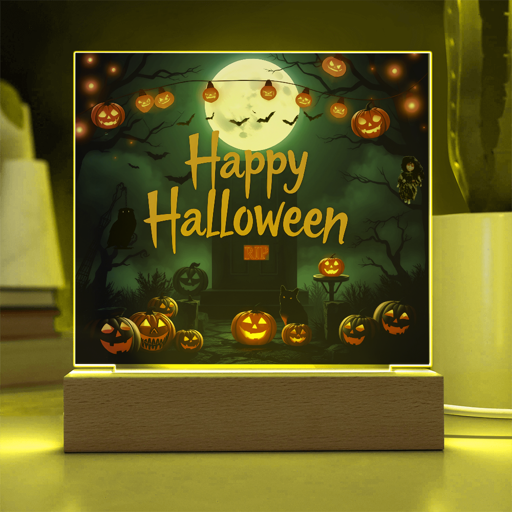 Happy Halloween Printed Square Acrylic Design with Wooden LED Base
