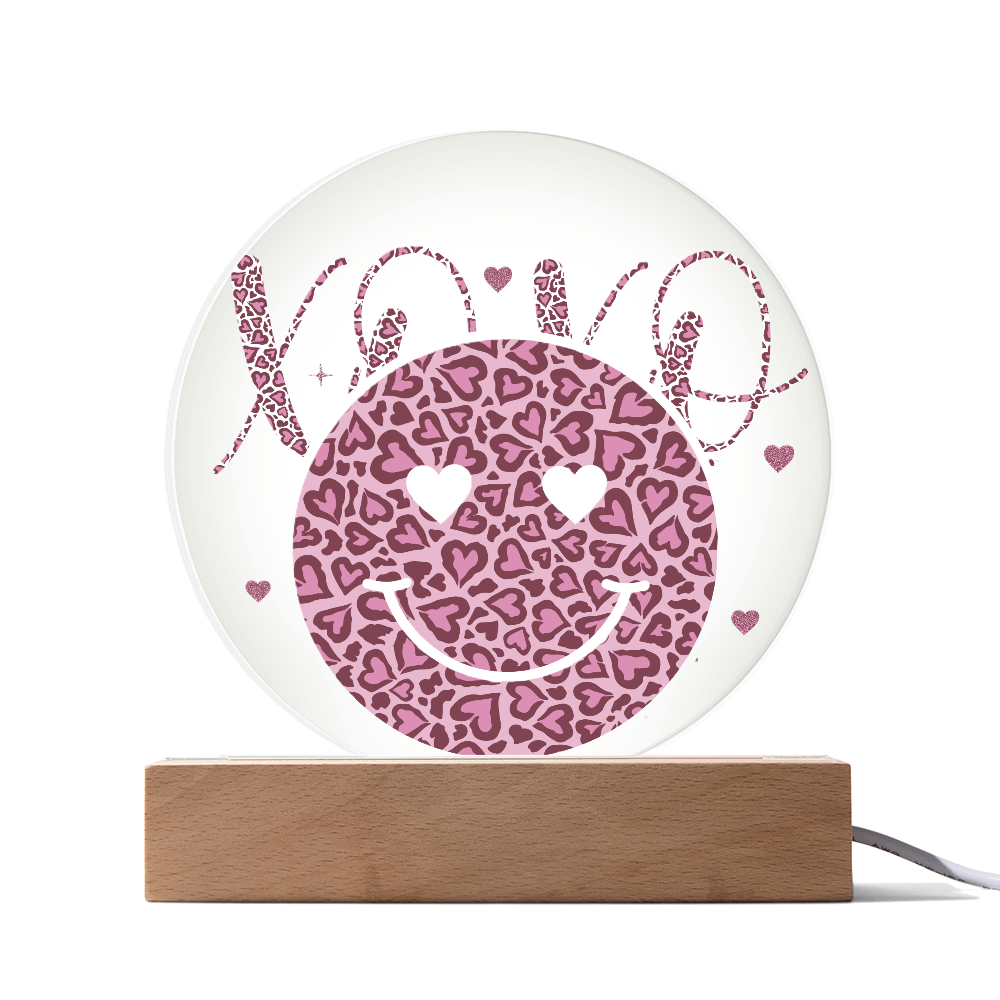 Happy Face XO's Printed Circle Acrylic Plaque with Wooden LED Base