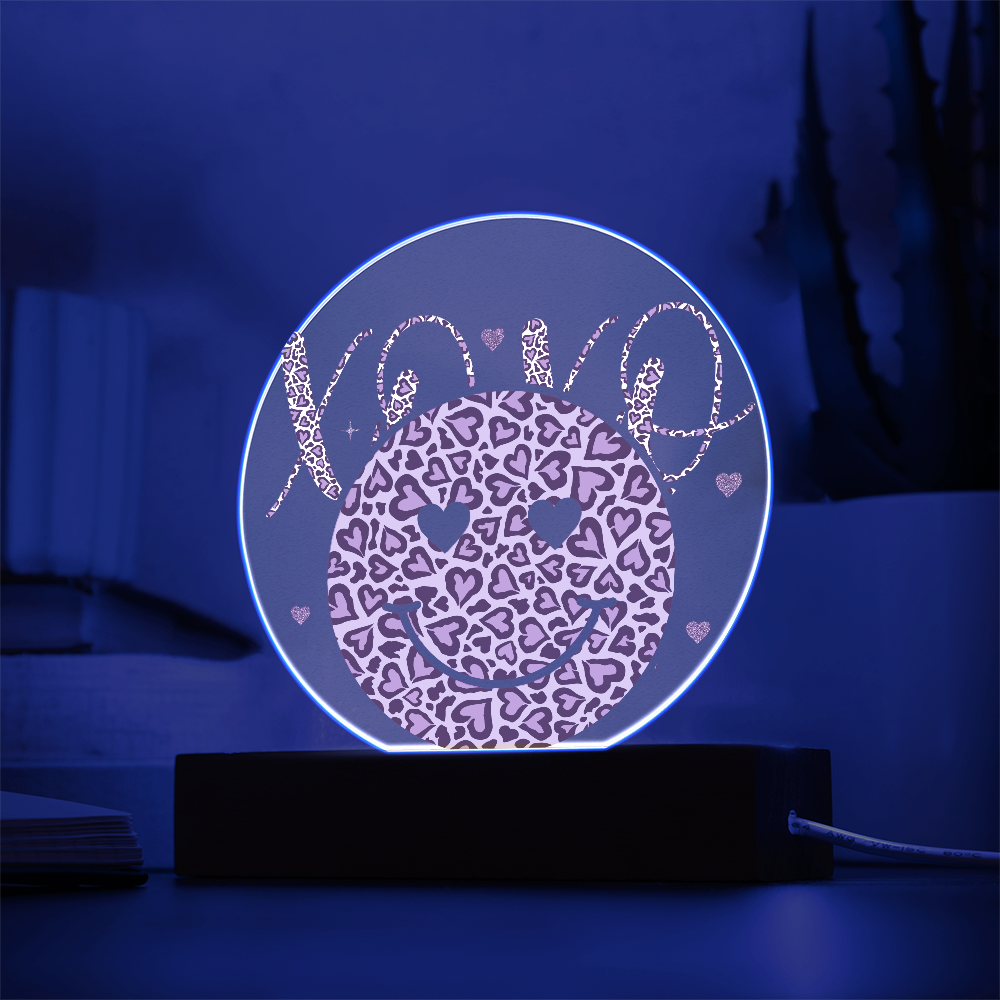 Happy Face XO's Printed Circle Acrylic Plaque with Wooden LED Base
