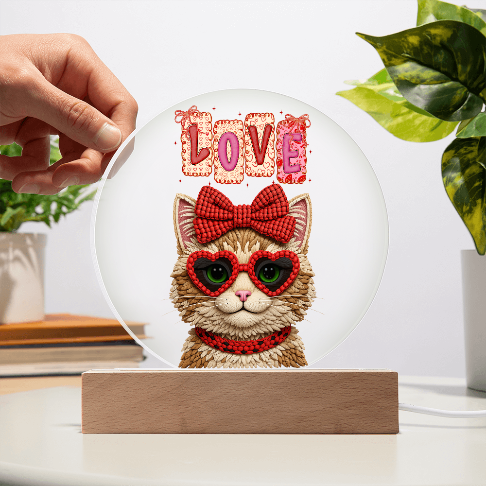 Yarn Design Love Kitten with Red Bow Printed Circle Acrylic Plaque