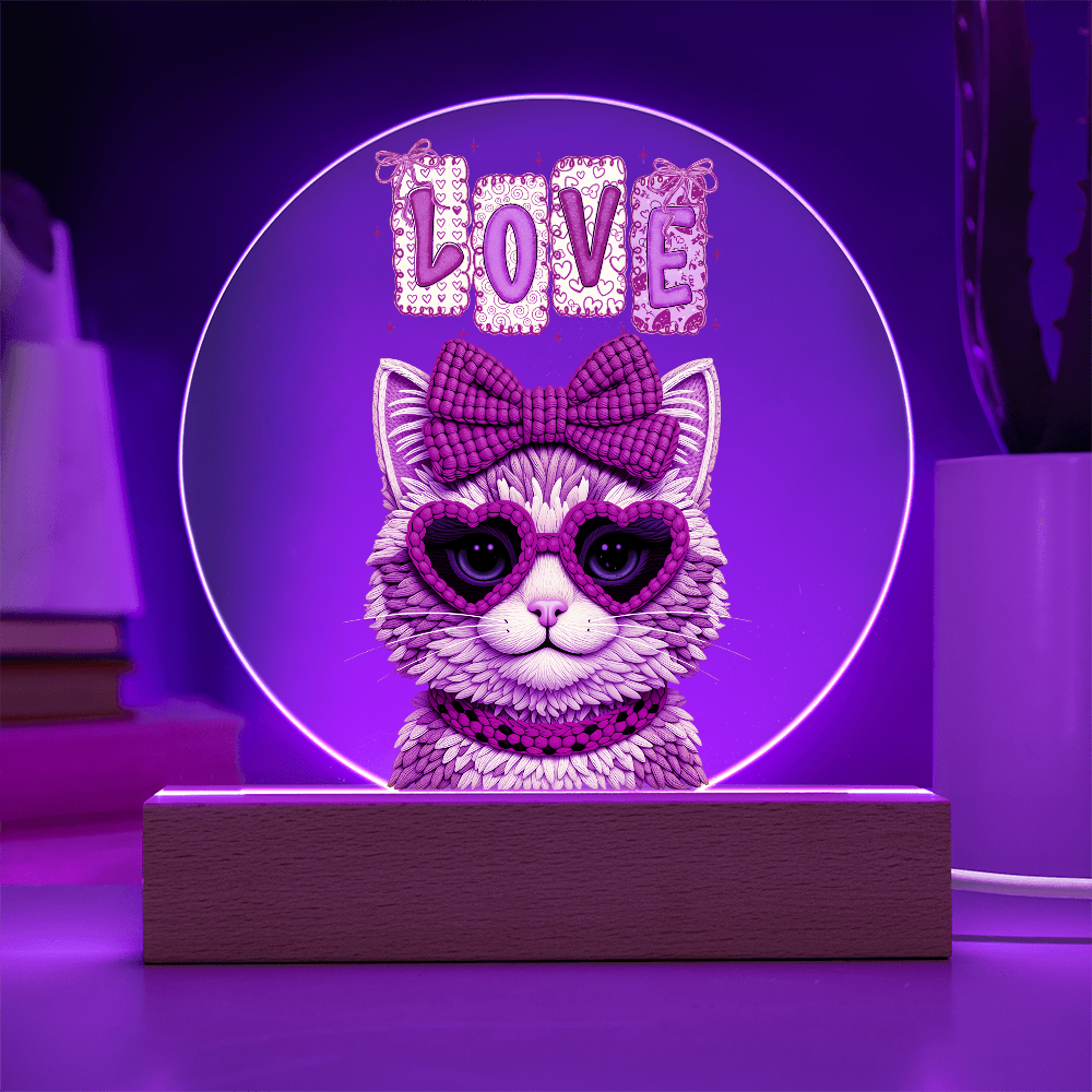 Yarn Design Love Kitten with Red Bow Printed Circle Acrylic Plaque