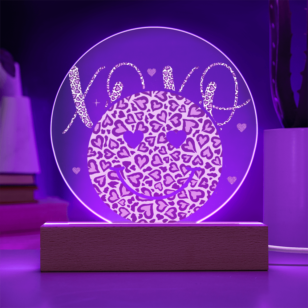 Happy Face XO's Printed Circle Acrylic Plaque with Wooden LED Base