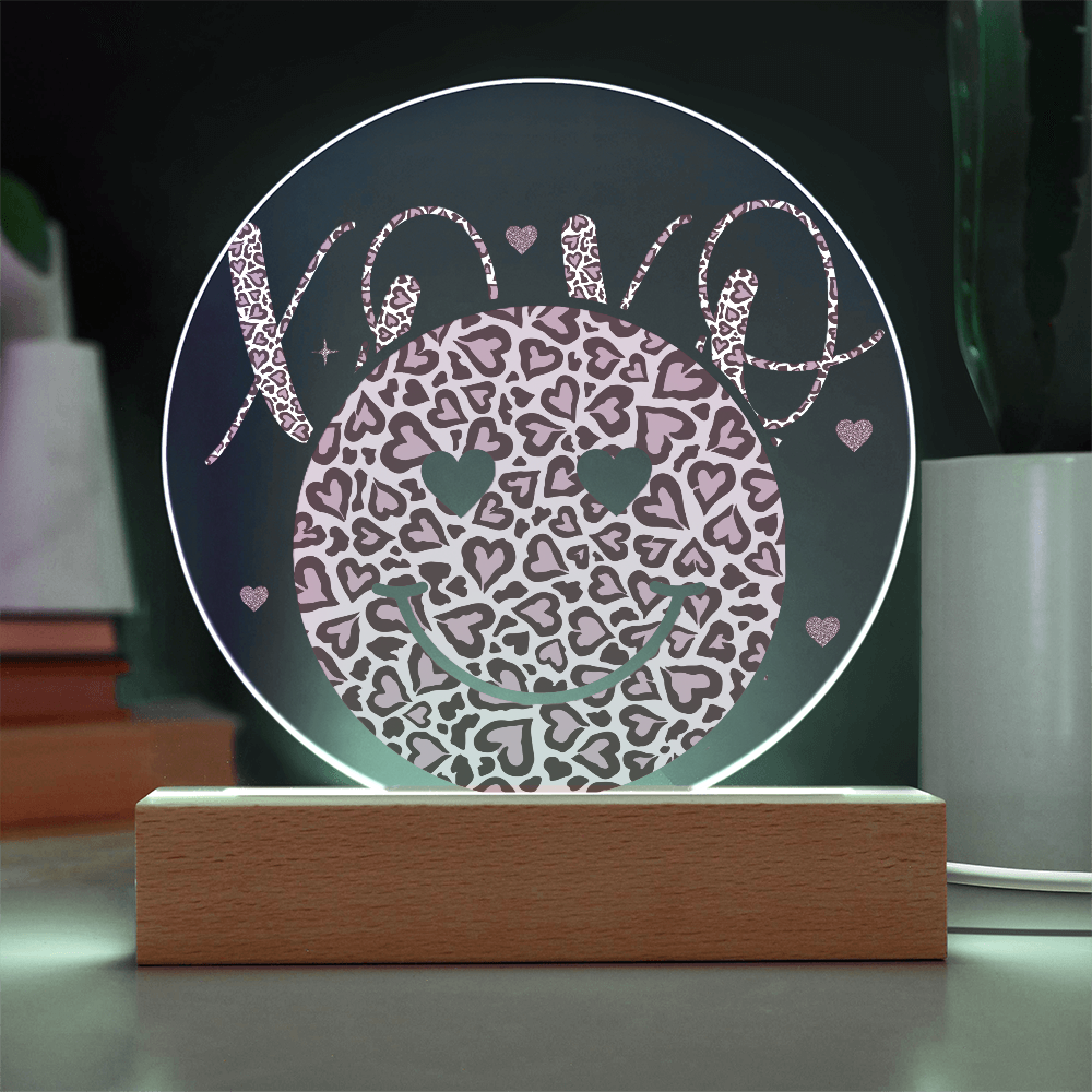 Happy Face XO's Printed Circle Acrylic Plaque with Wooden LED Base