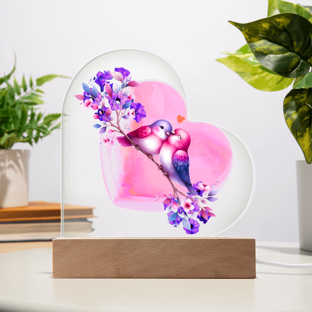 Two Love Birds on Heart-shaped Acrylic Sign with LED Light