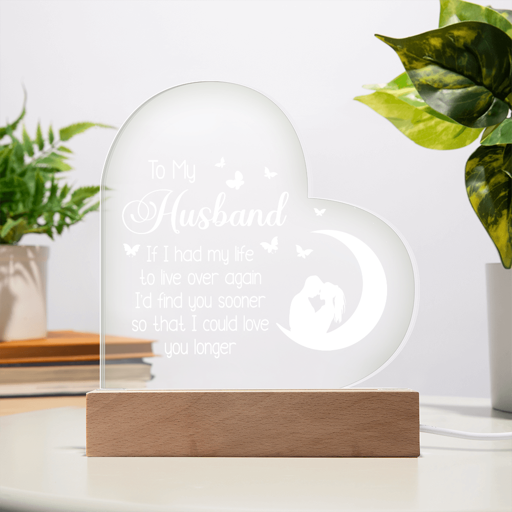 To My Husband UV Printed Design Acrylic Heart Shaped LED Light