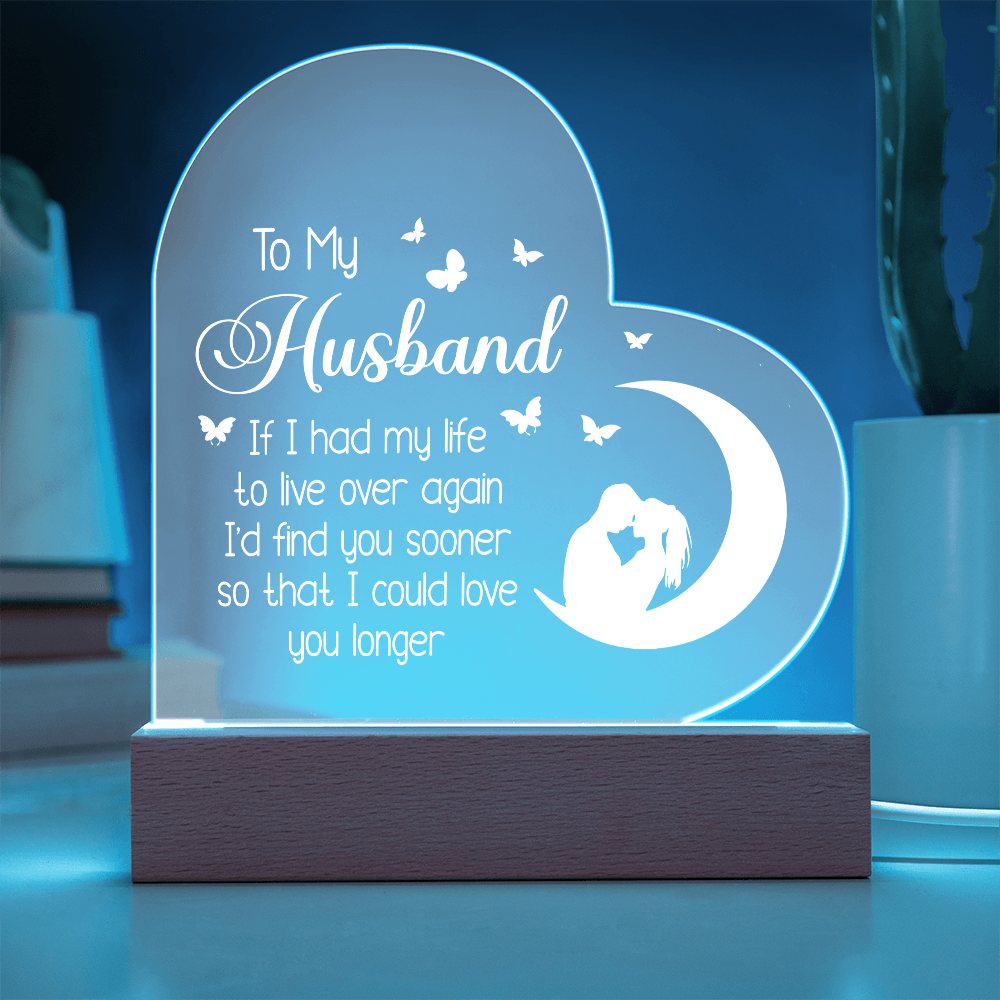 To My Husband UV Printed Design Acrylic Heart Shaped LED Light