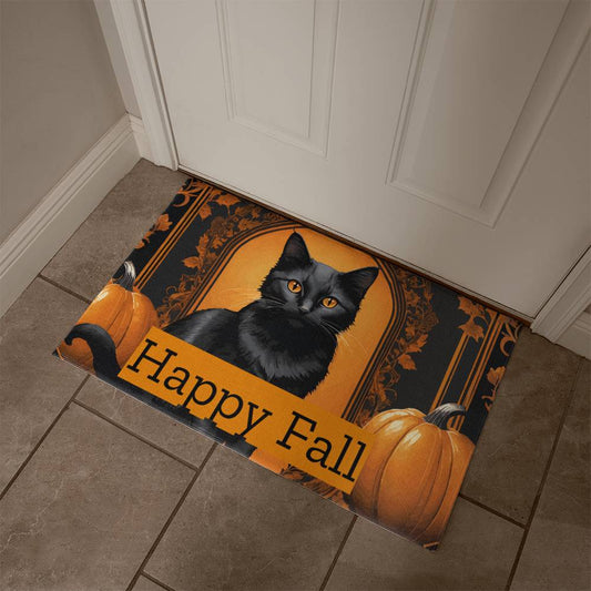 Happy Fall Orange Pumpkins with Black Cat Indoor/Outdoor Door Mat