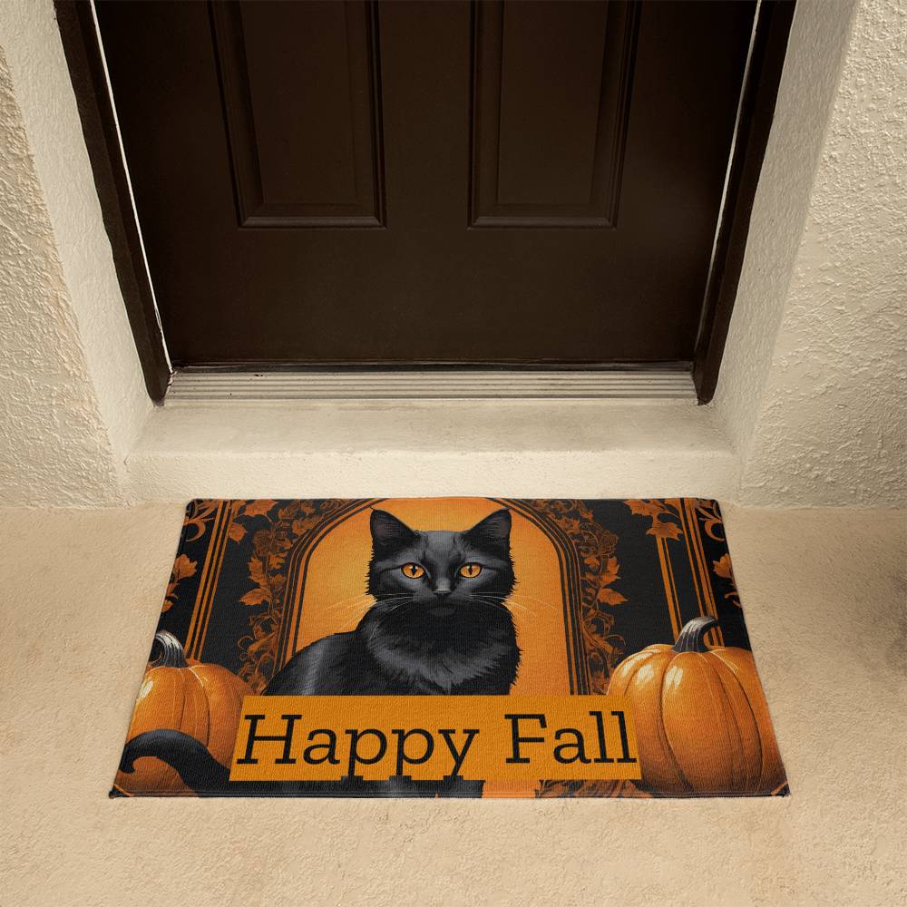 Happy Fall Orange Pumpkins with Black Cat Indoor/Outdoor Door Mat