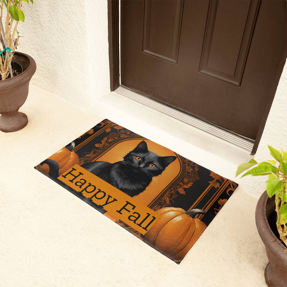 Happy Fall Orange Pumpkins with Black Cat Indoor/Outdoor Door Mat
