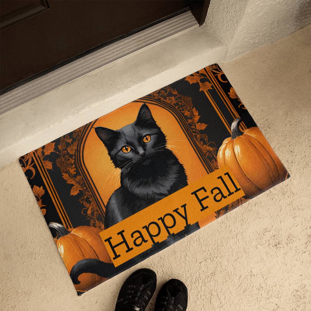 Happy Fall Orange Pumpkins with Black Cat Indoor/Outdoor Door Mat