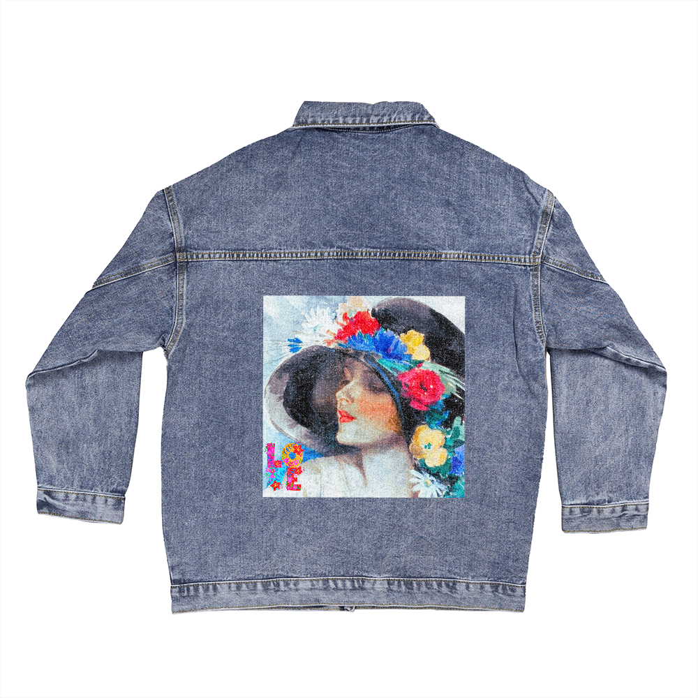 Fashionably Classic Lady with Love Oversized Women's DTG Denim Jacket