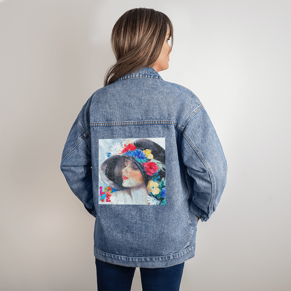Fashionably Classic Lady with Love Oversized Women's DTG Denim Jacket