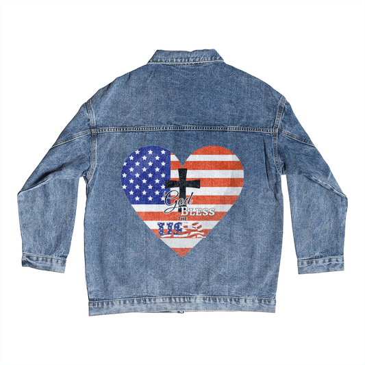 God Bless the USA Heart Men's Blue Denim Jacket